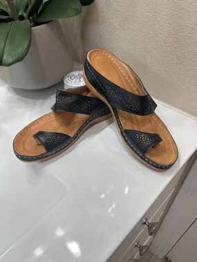 Black Laser-Cut Leather Slide Sandals